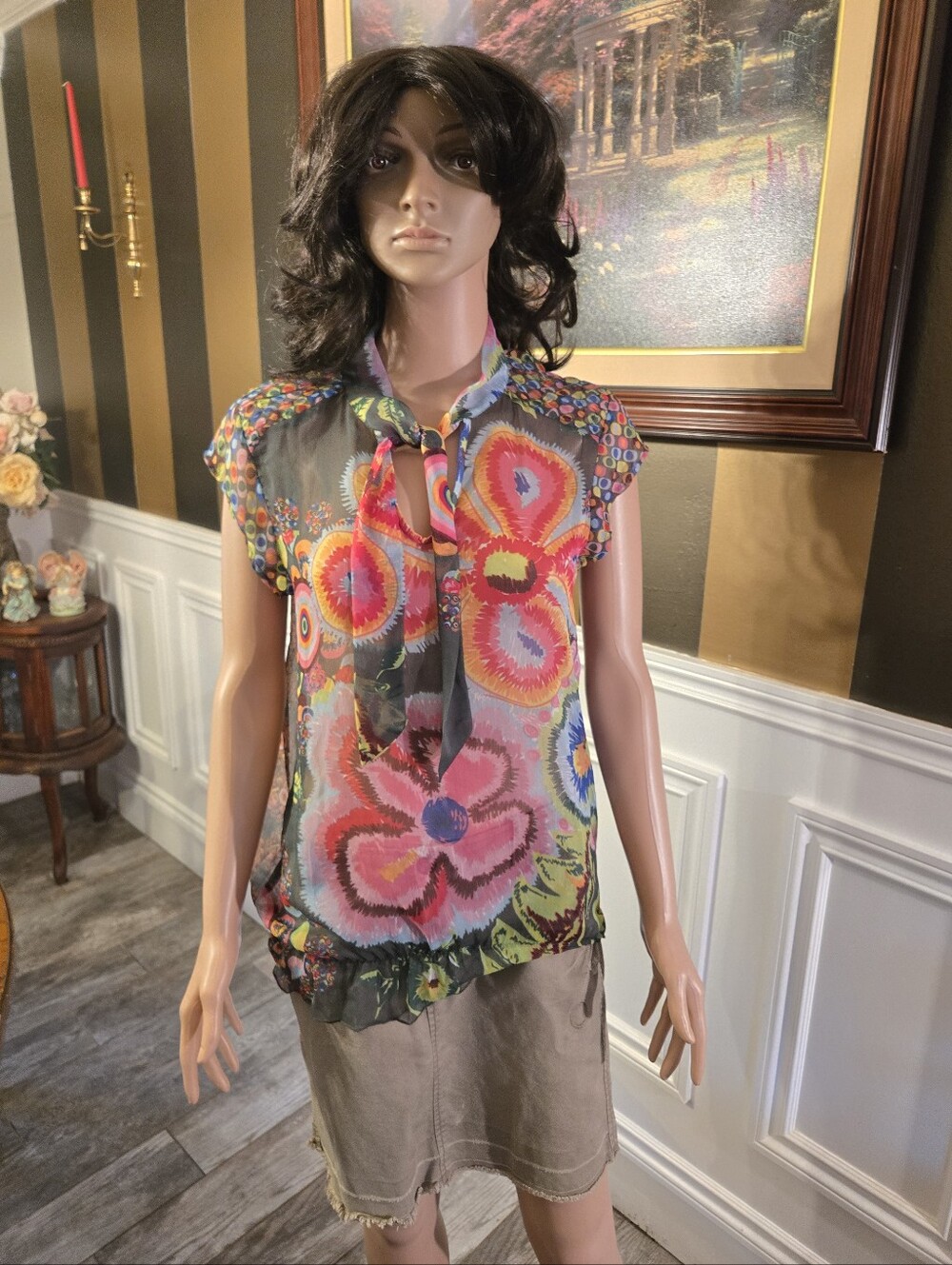 Desigual Multicolor Sheer Floral Tie-Neck Blouse with Pink, Yellow, Blue Accents